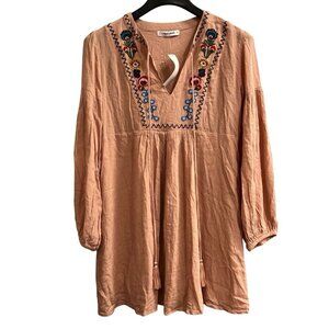 August Winds Mini Dress Womens S Embroidered Tasseled Balloon Sleeve Boho Hippie